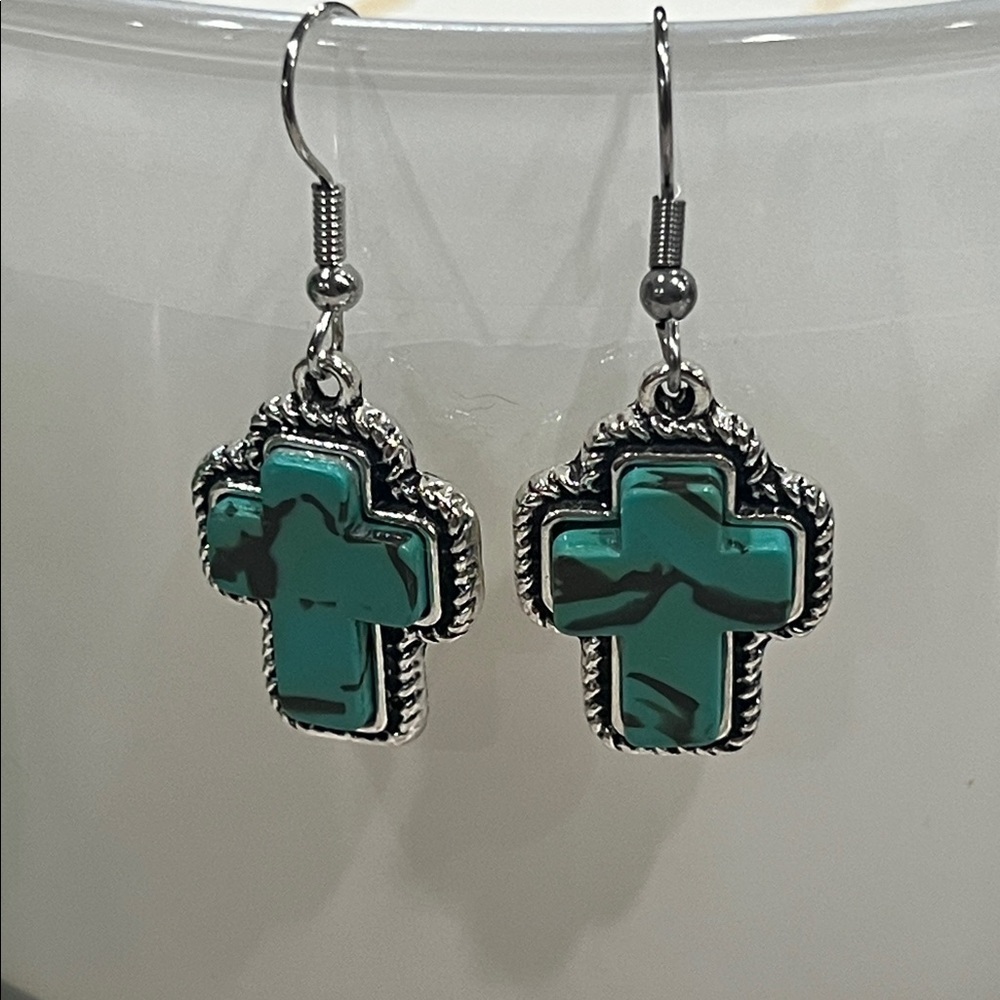 Turquoise Cross Dangle Earrings Silver | Boho Western Jewelry